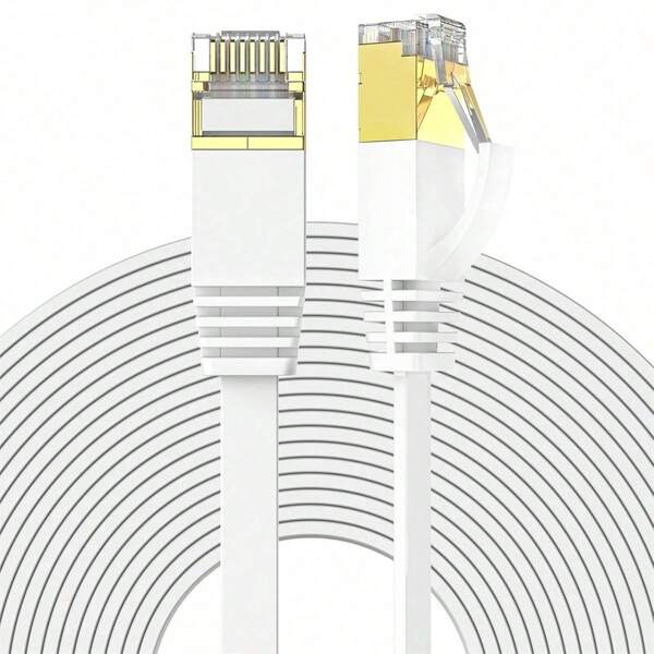 Cable Ethernet de 10~30m de alta velocidad, Cable de red plano Categoría 6 con conectores RJ45, cable LAN largo, conectores dorados - Blanco