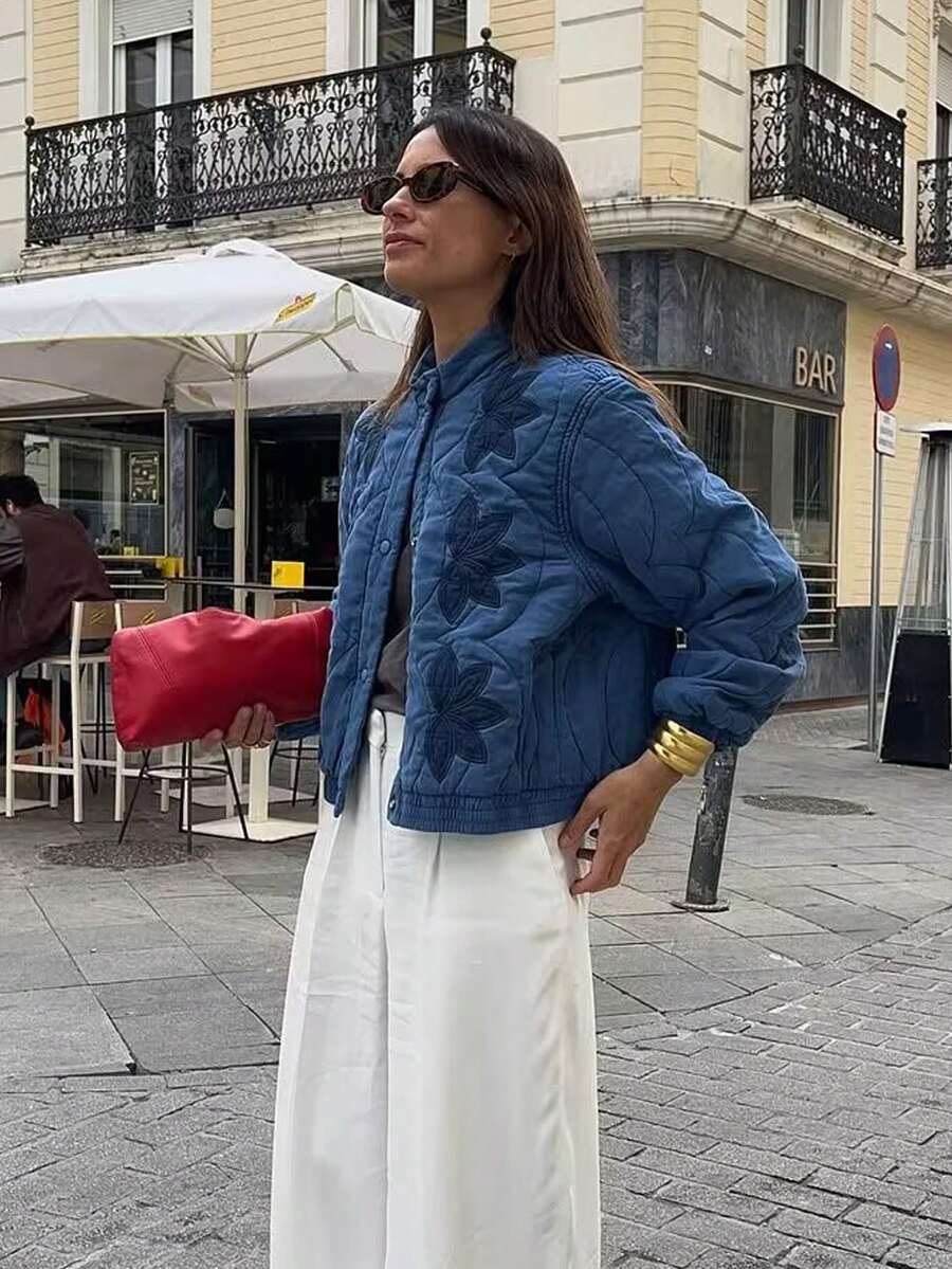 Women's Blue Quilted Stand Collar Padded Jacket Long Sleeve Pocket Casual Fall Winter Coat