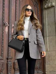 Blazer de mujer estilo pata de gallo de manga larga con bolsillos, chaqueta de entretiempo