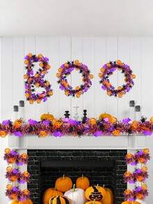 Decoraciones de Halloween, Guirnalda de Halloween de 2 metros con calabaza naranja, araña negra y murciélago morado, guirnalda de metal brillante retorcida para decoración del hogar, árbol, interior, exterior, fiestas, decoración de otoño
