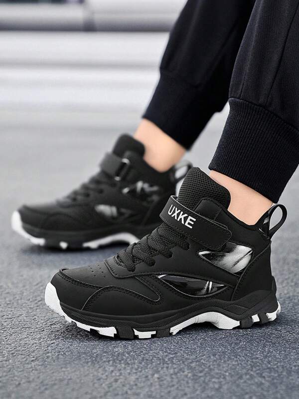 1 Pair Kids Leather Mid-Top Outdoor Sports Shoes, Boys Non-Slip Hiking Shoes, Durable Casual Sneakers