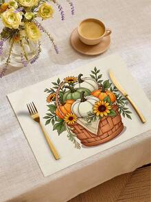 4 piezas/6 piezas/60 piezas Manteles decorativos de otoño, calabaza, girasol, hoja, coche, lazo, manteles de lino con letras, manteles resistentes a la suciedad, adecuados para el hogar, restaurante, decoración de mesa de comedor, artículos para el hogar - Multicolor - Ver 3