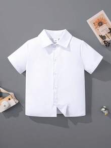 Młodzieżowa klasyczna, swobodna, szkolna, biała, krótka, formalna koszula dla chłopców, odpowiednia na uroczystości, spotkania, występy - Biały - Zobacz 1