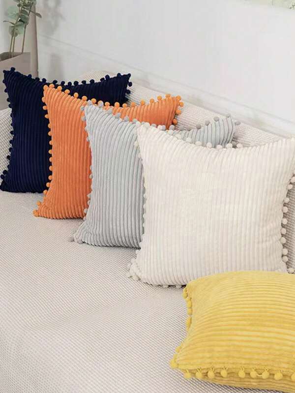 Pack Of 2 Boho Decorative Throw Pillow Covers With Pom-Poms, Soft Corduroy Accent Solid Square Cushion Case Set For Couch Sofa Bedroom Car Living Room. No Pillow Core Included.