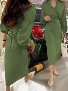 女士衬衫裙法式优雅风格腰部系带宽松上衣修身中长款翻领衬衫裙，适合日常旅行、外出、居家、早午餐、茶会、通勤、机场、春夏/春秋 - 橄欖綠 - 查看 3