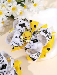 2PCS Girls Bee Bow Hair Clips, Cute Polka-Dot Bow Hairpins, Cute Pink Cow Print Hair Bow,Fashion Flower And Bee Print Hair Bows For Daily And Out, Hair Accessories