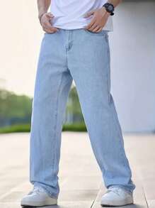 Jeans For Men Loose Fit Men's Cotton Jeans With Slant Pockets Baggy Long Washed Skater Jean Cargo Plain Light Blue Going Out Y2K Friends