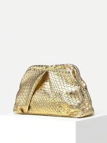 1pc Vintage Simple Old Money Style Solid Color Metal-Tone Angola Red Crackle Crinkle Cloud Large Clutch Bag, No Chain, Suitable For Going Out, Dates, Parties, And Daily Commute - Gold - View 2