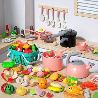 Tecforood Kitchen Toy Set, Toddler Pretend Cooking Toy Pots, Pans, Tableware Cookware, 48/150PCS Daily Food Fruits And Vegetables, Shopping Storage Basket, Dessert, Props Money, Children Learning Gift, Cutting Toy Food, Kids Kitchen Pretend Food, Food Toys With Vegetables, Fruits, Pretend Food, Outdoor Toy Kitchen Accessories, Halloween Holiday Birthday Pretend House Boy Girl Gift