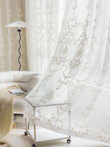 1pc White Flower Embroidered Sheer Panel Curtain, Modern Polyester Light Filtering Privacy Sheer Curtain For Living Room, Bedroom - White - View 10