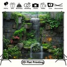 2D Flat Green Wall Waterfall Design Backdrop - Polymer Fabric Photography Background For Indoor & Outdoor Parties, Festivals, Photo Studios & Live Streaming - No Electricity Needed, Waterfall Decor