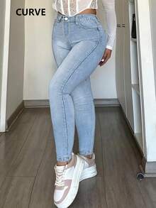 Fashion Versatile Solid Color Mid-Waist Large Size Jeans Four Seasons Female Small Feet Lift Buttocks Sexy Tight Pants Female - 淺色水洗藍 - 查看 5