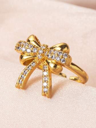 1pc Fashionable Copper Inlaid Zirconia 18K Gold Plated Bowknot Ring, Suitable For Women's Daily Wear, Jewelry Accessory, Birthday/Holiday Gift For Friends