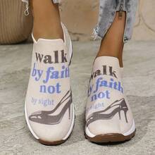Women's Breathable Knitted Mid-Top Sports Shoes, Equipped With Air-Cushioned EVA Soles, Eye-Catching "Walk By Faith" Pattern Prints And Color Decorations - All-Season Casual Shoes Suitable For Casual Outfits.
