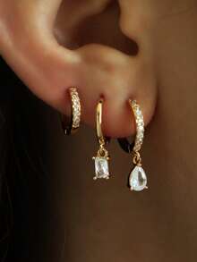 3pcs/Set Elegant Cubic Zirconia Teardrop Pendant Earrings Set, Suitable For Women's Daily, Date, Party Wear - Yellow Gold - View 1