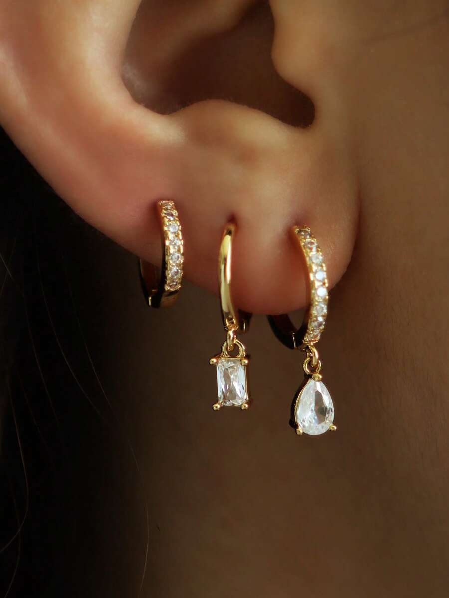 3pcs/Set Elegant Cubic Zirconia Teardrop Pendant Earrings Set, Suitable For Women's Daily, Date, Party Wear - Yellow Gold - View 1