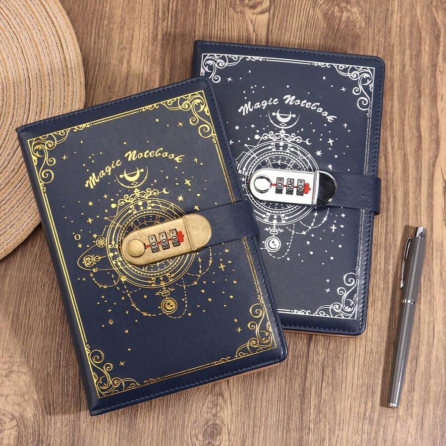 1 PU 密码锁笔记本，100 张/200 页，两种款式，金色/银色，学习用品，文具用品，办公用品 - A5 - 查看 1