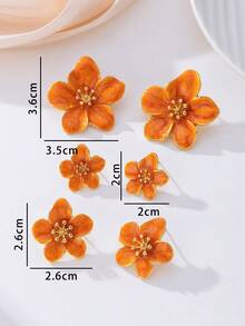 3 Pairs Handmade Orange 5-Petal Flower Stud Earrings, Dopamine Inspired, Suitable For Daily Wear/Vacation - Orange - View 5
