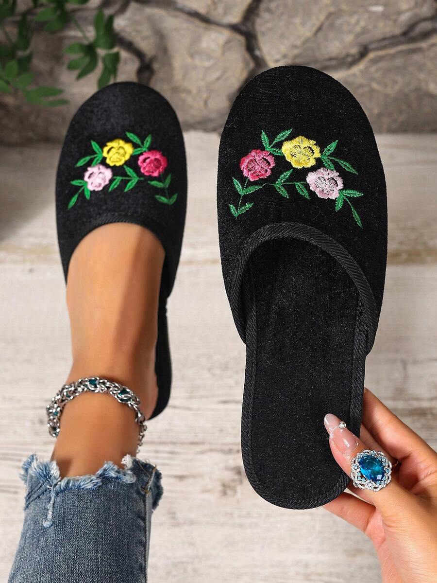Fashionable New Embroidered Slip-On Slippers, Suitable For Indoor And Outdoor Wear - Black - View 1