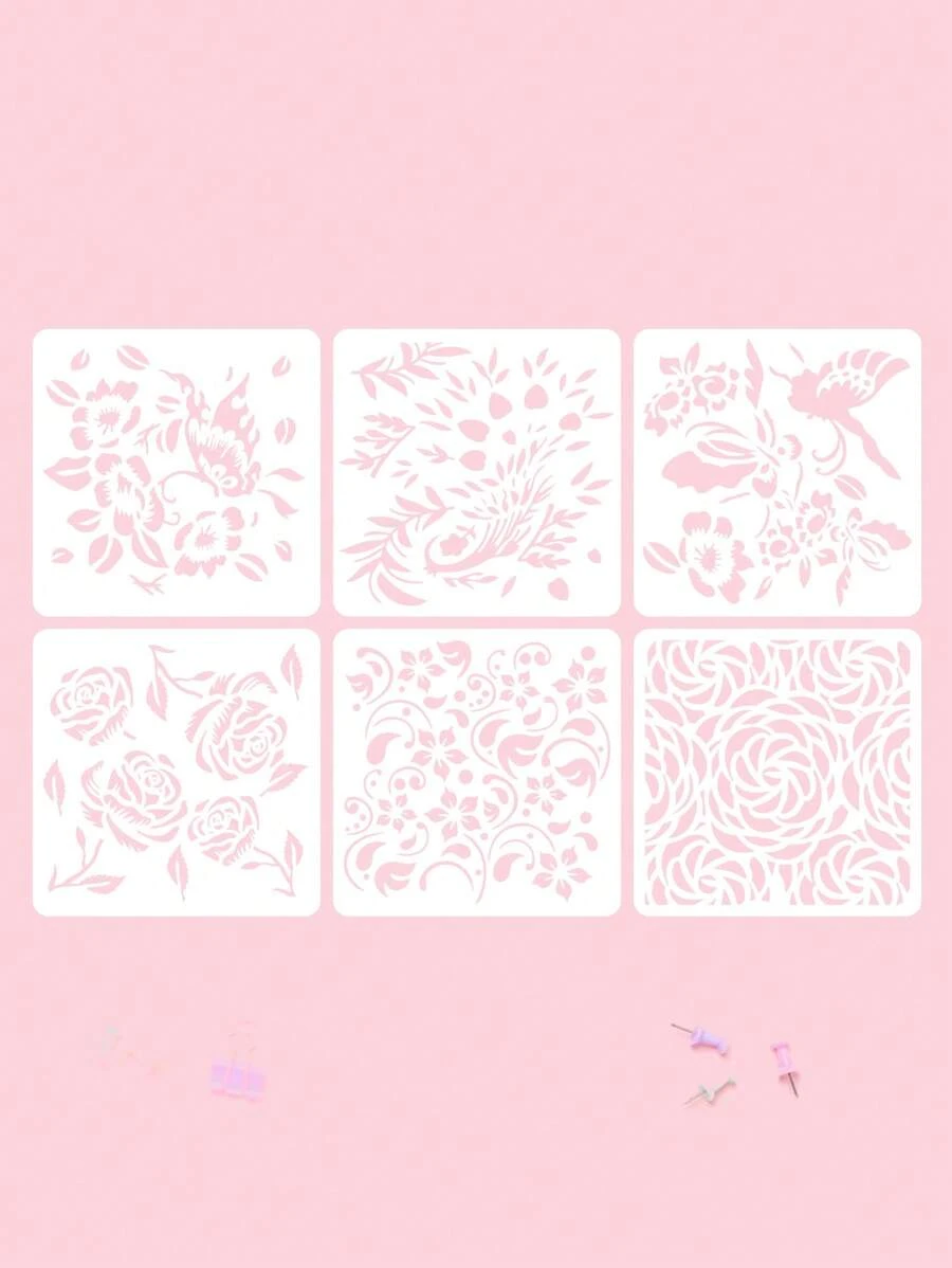 6PCS Multifunctional Hollow Template Set With Petal And Leaf Element Design PET Material Template, Waterproof And Durable, Can Be Washed And Reused. Suitable For Diaries, Scrapbooks, Drawing Books, Canvas, Wood Boards And Wall Decorations, It Is An Ideal Choice For Handicraft Enthusiasts And Artists.,For School Supplies,Back To School