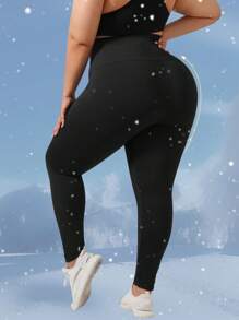 Plus Size Women's Warm Brushed Fleece Tummy Black Leggings Yoga Women Pants, Fold Over Leggings
