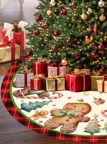 Fustă de brad de Crăciun, model drăguț cu omuleț de turtă dulce și garnitură în carouri roșii, pânză decorativă pentru brad de Crăciun, decor pentru casă pentru petrecerea de Crăciun