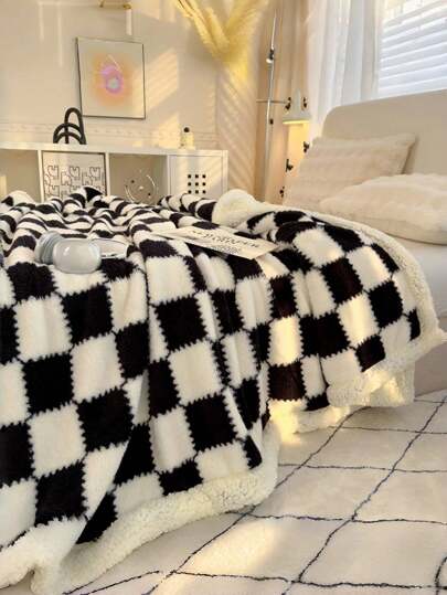 1pc Double-Layer Checkerboard Panda Faux Fur, Lamb Wool, Blanket, Suitable For All Seasons Use In Bedroom, Sofa, Office, Bed