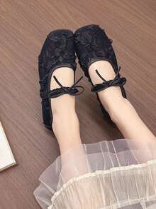 2025 Summer New Flat Breathable Mesh Mary Jane Shoes, Low Vamp Shoes, Fairy Style Matching Skirts, Women's Ballet Flats - Black - View 1
