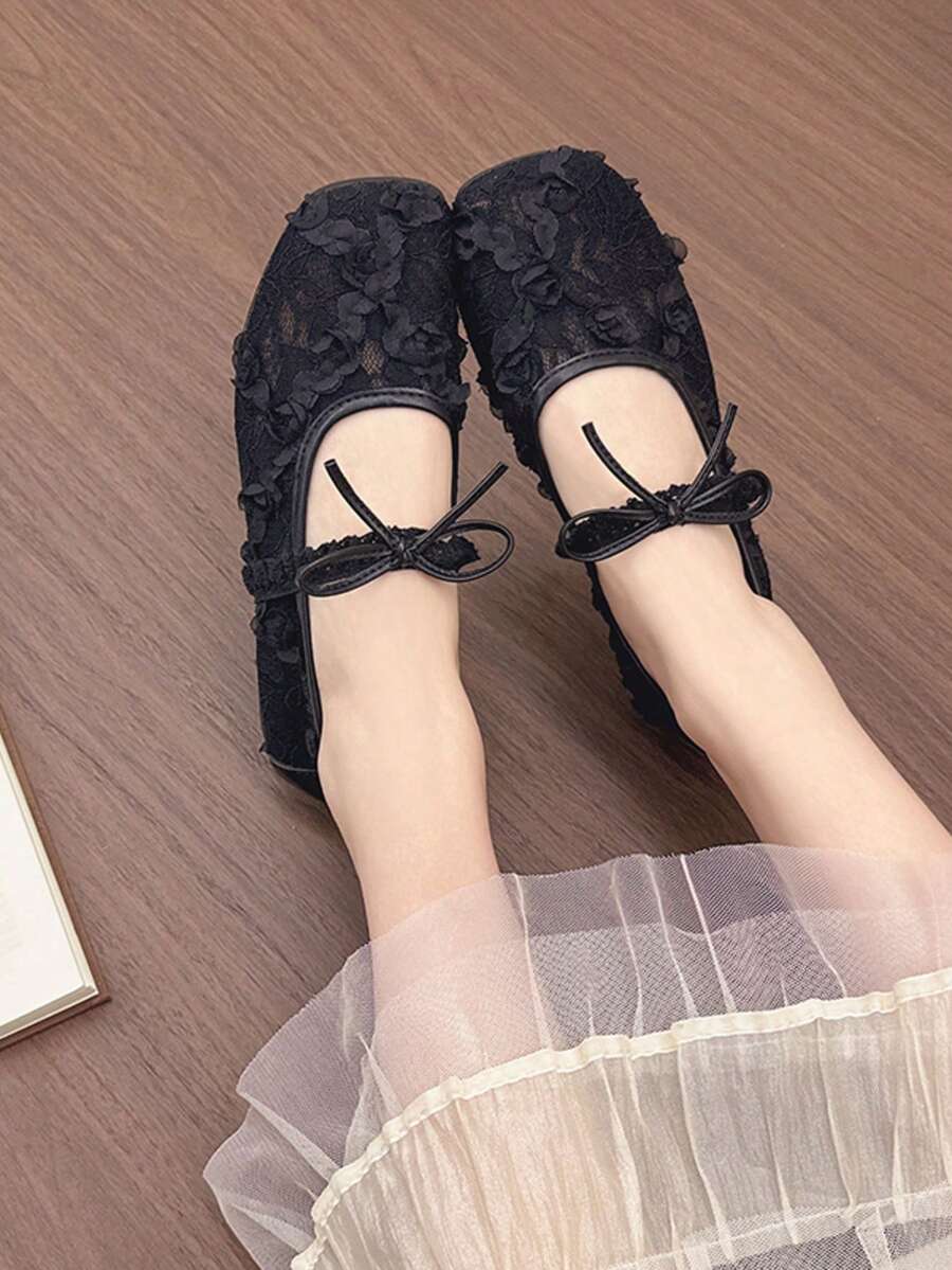 2025 Summer New Flat Breathable Mesh Mary Jane Shoes, Low Vamp Shoes, Fairy Style Matching Skirts, Women's Ballet Flats - Black - View 1
