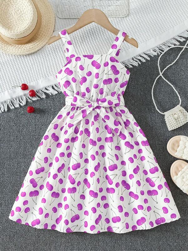 Girls' Fashion Red Cherry Print Cami Dress, Girls Clothing Suspender Red Cherry Dress, Can Be Used As Children's Gift