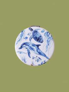 1pc Round/Square Mermaid, Fish, Seafood Cartoon Pattern White PU Foldable Compact Double-Sided Pocket Makeup Mirror, High Definition Hand-Held Touch Up Mirror - Multicolor - View 5