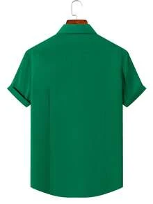 Rand paul Men's Casual Social Short Sleeve Plain Shirt With Pocket In Slightly Stretch Polyester - Dark Green - View 2