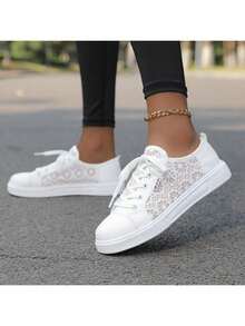 Women's White Casual Canvas Sneakers, Spring/Summer 2025 New Hollow Breathable Sports Shoes - White - View 1