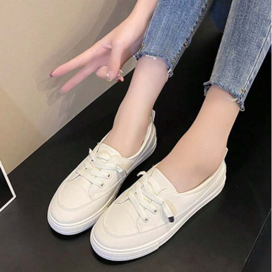 Zapatillas de deporte para mujer,Zapatos blancos con suela plana, zapatos deportivos con tirantes delanteros, zapatos de colores sólidos, zapatos de tablero con suela plana - Beis - Ver 1