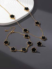 1 Juego de joyería elegante y versátil con collar, aretes y pulsera con diseño de flor de 5 pétalos