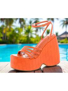Women's Orange Crocodile Embossed Platform Open Toe Wedges | Y2K Chunky Strappy Vegan Sandals - trái cam - Xem 6