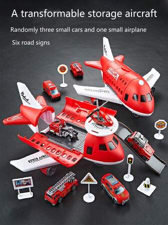1 Set Toy Vehicles Including Airplane Model, Transport Helicopter, Foldable Portable Fire Truck Rescue Plane Toy With 3 Mini Cars And 1 Plane, Holiday Toy Gift