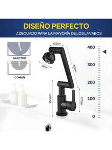 Grifo de Cocina, Grifo giratorio Acero inoxidable para Lavabo de Baño, Llave Mezcladora para Fregadero de Agua Caliente y Fría,Extraíble con 2 Manguera 60CM - Negro - Ver 5