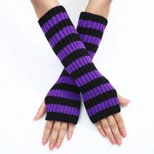 1pair Women's Fashionable Color Block Striped Gloves, Fingerless Knitted Arm Warmers Suitable For Fall/Winter Daily Wear Summer - Multicolor - View 17