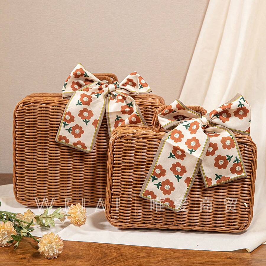 お土産用のレトロな籐バスケット、花嫁介添人用のポータブル収納ピクニックバスケット、ギフト包装バスケット、空のバスケット - 水色の空バスケット(リボンなし) - チェックする 1