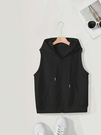 Casual Solid Color Drawstring Zipper Sleeveless Hoodie