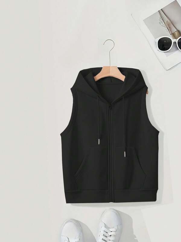 Casual Solid Color Drawstring Zipper Sleeveless Hoodie