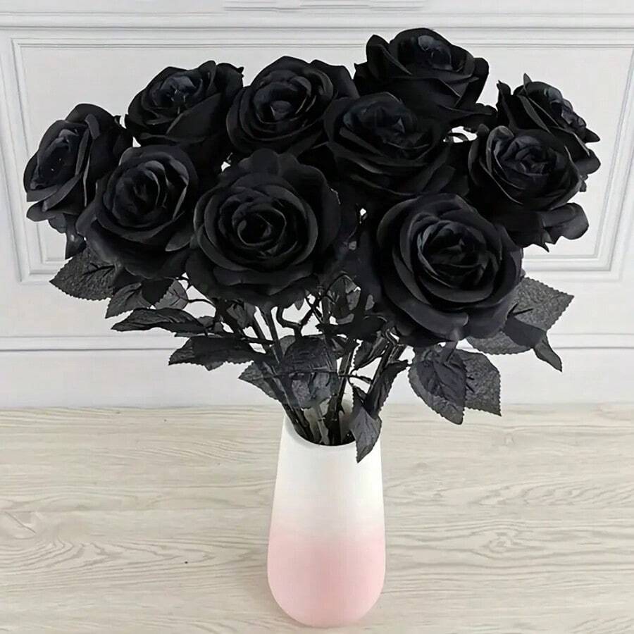 5 Pieces/8 Pieces/10 Pieces Artificial Black Flower Roses, Fake Silk Long Stem Flowers, Suitable For Family Weddings, Parties, Halloween Outdoor Gothic Decoration