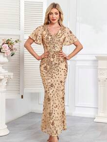 hezixi Elegant Sequin Sexy Short Sleeve Flare Sleeve Evening Dress, Women's Long Mermaid Formal Ball Gown Luxury Wedding Party Cocktail Dress - Champagne - View 6