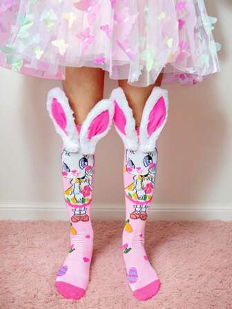 1 Pair Of Cute Bunny Girl's Sock,Funny Crazy Knee-High Socks,Rabbit Ear Accessories Sock For Girls/Kids/Teens/Babys,For Gift,For Party Dress,Suitable For Daily Campus,Socks For School