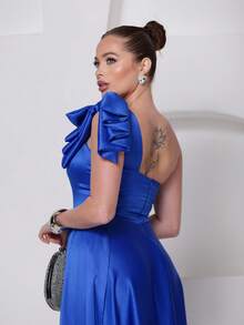Long Dress For Bridesmaid – One Shoulder With Ruffle And Slit Elegant Simple Elegant Party Satin Side Opening Zipper Pleated Bridesmaid Civil Wedding Debutante Graduate Formal And Evening - 寶藍色 - 查看 7