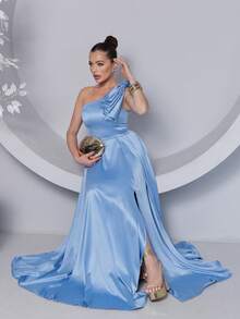 Long Dress For Bridesmaid – One Shoulder With Ruffle And Slit Elegant Simple Elegant Party Satin Side Opening Zipper Pleated Bridesmaid Civil Wedding Debutante Graduate Formal And Evening - 寧靜藍 - 查看 2