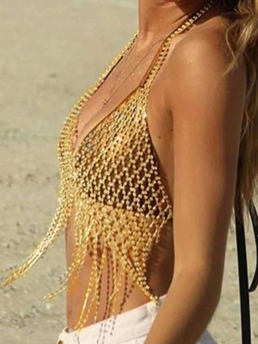女士奢华闪亮水晶身体链、流苏水钻比基尼胸链、贴身衣物配饰 - 金色 - 查看 1