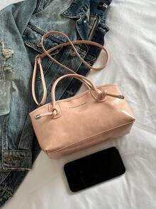 1 pieza Bolso de bolos de unicolor de PU acolchado en rosa con cierre de cremallera, bolso de gran capacidad, nuevo bolso de estilo vintage de moda de un solo hombro, adecuado para uso diario de mujeres, otoño/invierno