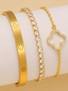 优雅闪亮时尚四叶草锆石不锈钢锆石四叶草手链套装，适合日常佩戴和作为礼物送给朋友 - 金黃色 - 查看 17